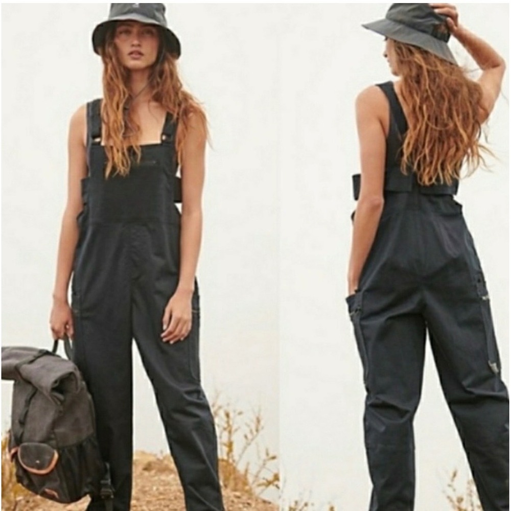 Free People Movement High-Road Overalls Black Mesh Pocket Utility Jumpsuit M